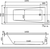 Акриловая ванна WHITECROSS Wave Slim Line Nano 160x70 см, встраиваемая, с гидромассажем, белый глянец, с каркасом, со сливом-переливом, фурнитура золото