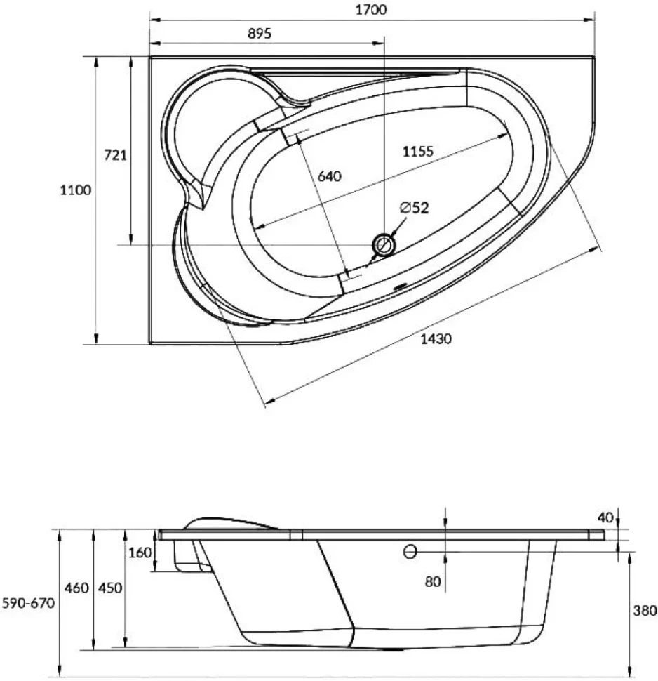 Акриловая ванна Cersanit Kaliope L 170x110 см, левая, пристенная, белая, асимметричная, на ножках, с сиденьем