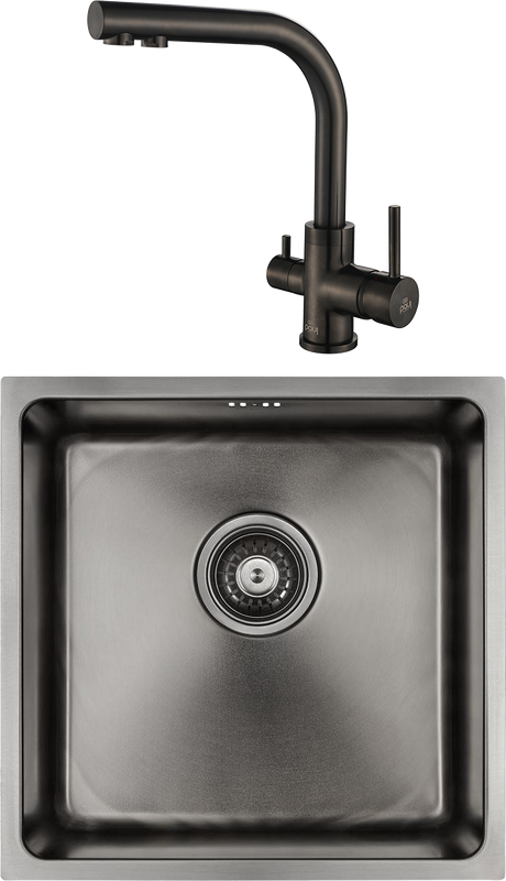 Комплект Мойка Paulmark Vista PM304444-GM вороненая сталь + Смеситель Essen 213011-GM вороненая сталь