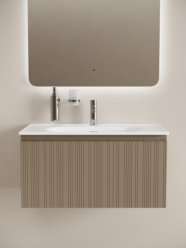 Тумба под раковину в ванную подвесная Sancos Code 785х453х400, c одним ящиком, цвет серо-бежевый, CD80GB