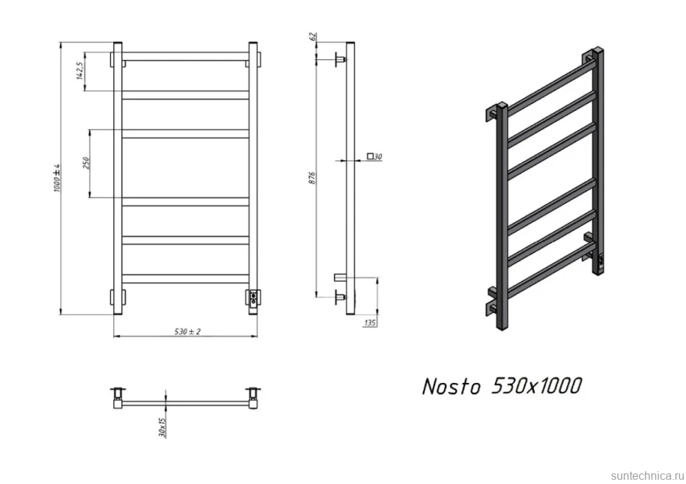 Полотенцесушитель электрический Grota Nosto 530х1000 RAL9005 EL 100x55 см, подключение справа, слева, скрытое подключение справа, матовый черный, лесенка, из стали