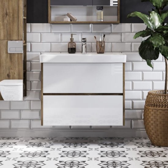 Тумба с раковиной AQUATON Сканди 80 белая, дуб рустикальный, раковина Адриана 80