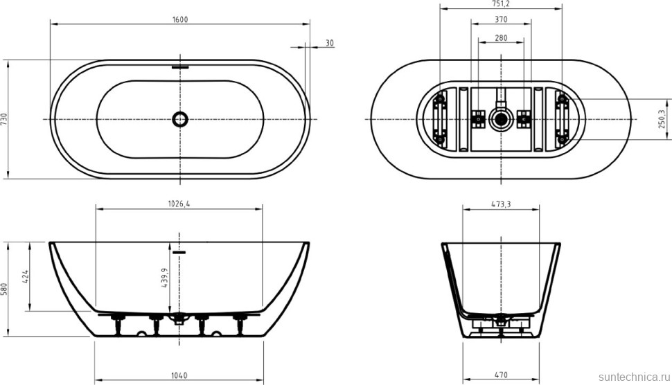 Акриловая ванна BelBagno Uno BB701 160x75 см, отдельностоящая, белая, овальная, на ножках, со сливом-переливом, с донным клапаном