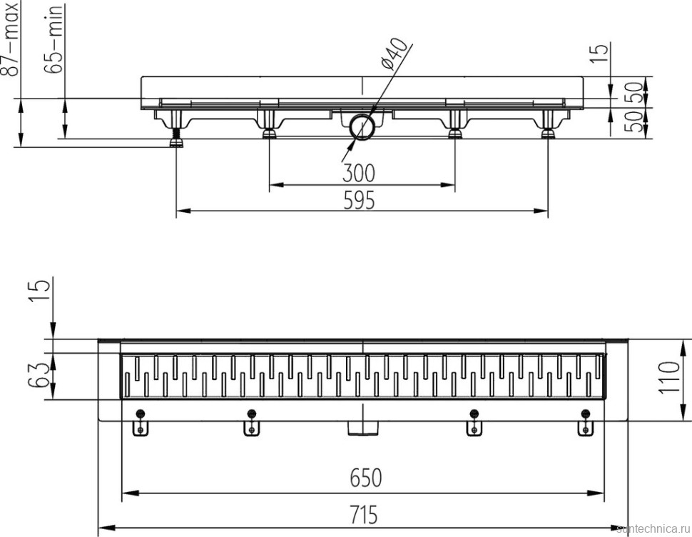 Душевой трап (лоток) MCH Chudej Medium CH650MC2 65 см, решетка матовая черная, с сифоном