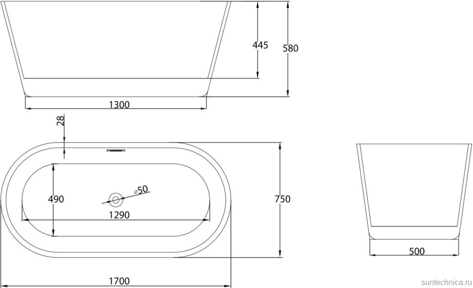 Акриловая ванна Grossman Forta GR-1503M 170x75 см, отдельностоящая, белая матовая, овальная, со сливом-переливом, с донным клапаном