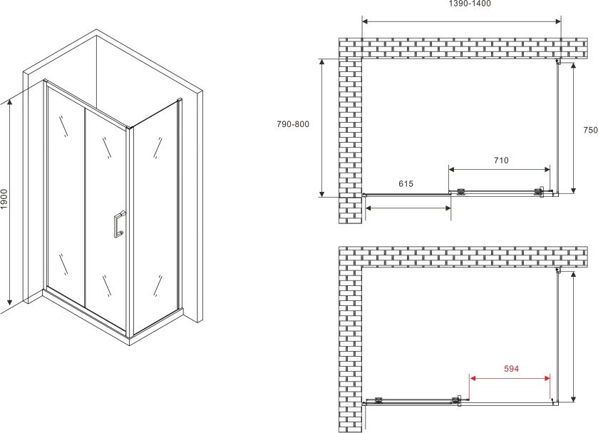 Душевой уголок Abber Schwarzer Diamant AG30140B5-S80B5 140х80, профиль черный, стекло прозрачное
