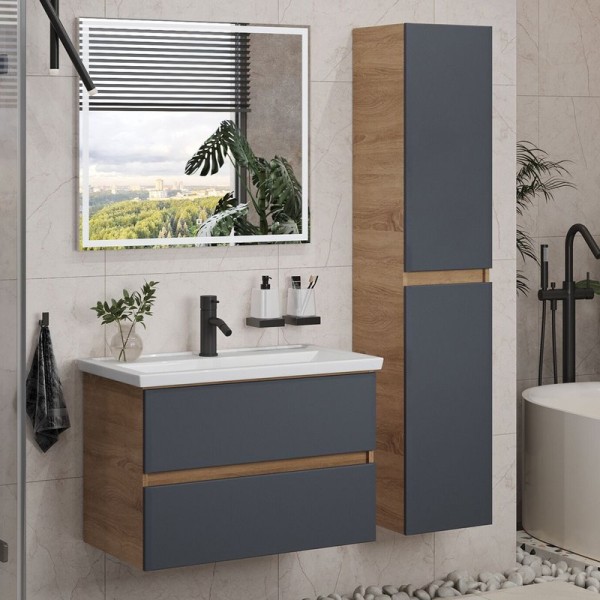 Мебель для ванной комнаты SanStar Инфинити 80 подвесная, дуб сонома светлый, графит софт, раковина Фостер