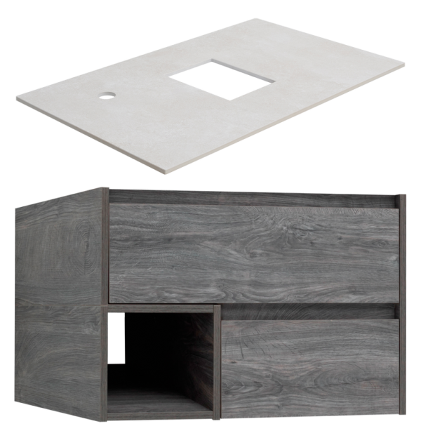 Тумба под раковину со столешницей STWORKI Карлстад 75 дуб рошелье, простоун беж, с отверстием для смесителя