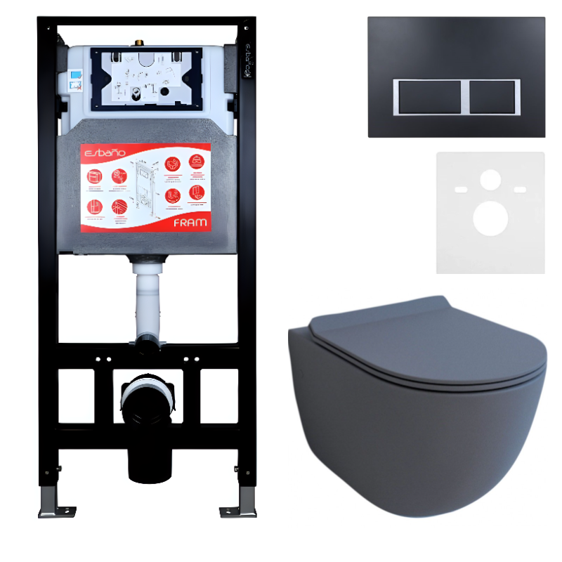 Комплект Унитаз подвесной Esbano Garcia ESUPGARCGM матовый серый + Инсталляция Fram + Кнопка ESINPRK12MB