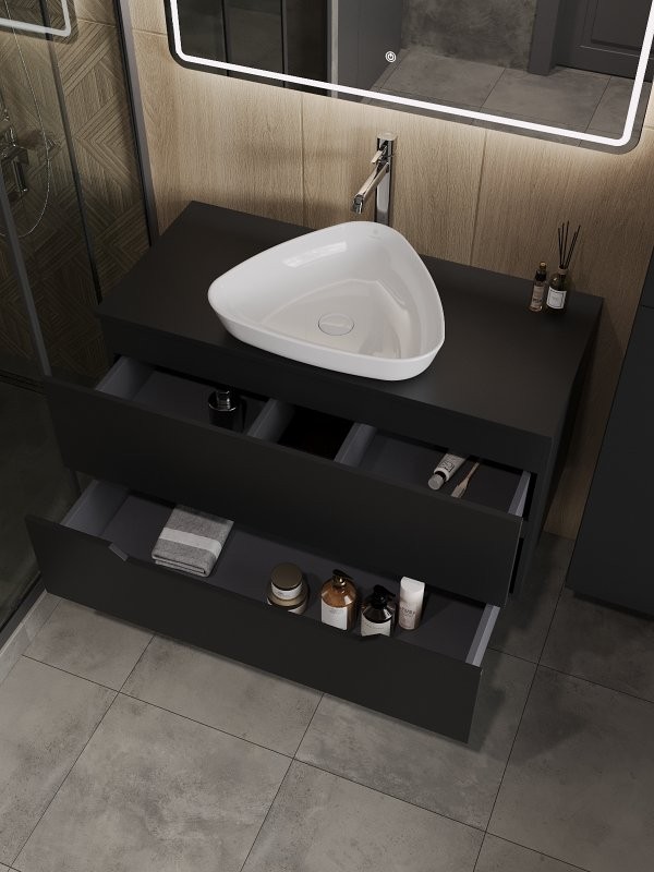 Тумба с раковиной Orange Line 100 подвесная, 2 ящика, матовая черная с раковиной B07-500W