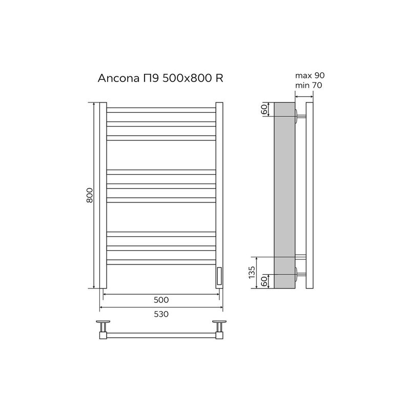Полотенцесушитель Azario ANCONA 500/800 электрический ЧЕРНЫЙ R 9 кв. пер.