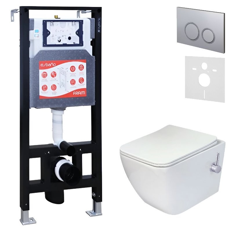 Комплект 3 в 1 Унитаз подвесной Esbano ESWBLEONWN + Инсталляция Fram + Кнопка ESINKRG11MC цвет матовый хром