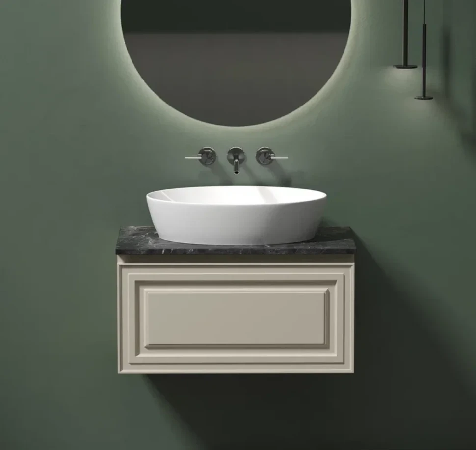 Тумба с раковиной Sancos Very 80 см, beige soft, столешница черный мрамор, раковина CN5018