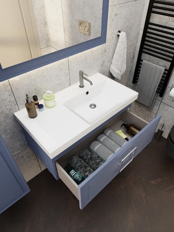 Мебель для ванной комнаты La Fenice Cubo 90 R синяя, ручка хром