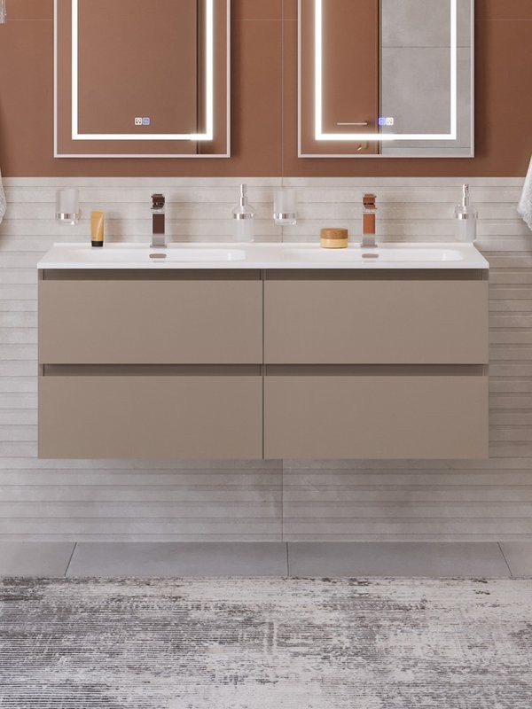 Тумба с раковиной BelBagno Kraft 120 подвесная, матовая бежевая, раковина bb1200-2-etl, для двоих