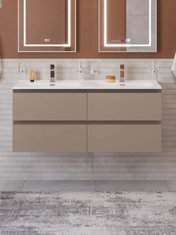 Тумба с раковиной BelBagno Kraft 120 подвесная, матовая бежевая, раковина bb1200-2-etl, для двоих