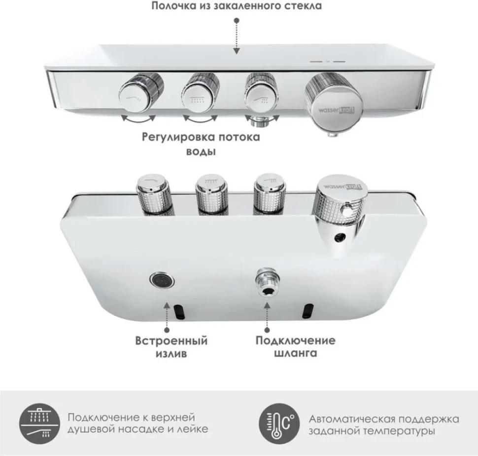 Термостатический смеситель Wasserkraft Mindel 8599 Thermo для ванны с душем, белый, хром