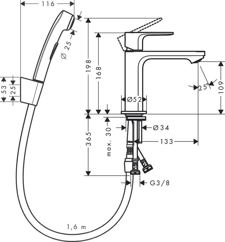 Смеситель для раковины Hansgrohe Rebris E 72216000 с гигиеническим душем
