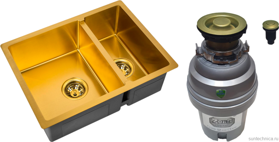 Комплект Мойка Zorg Inox PVD SZR-58-2-44 BRONZE бронза + Измельчитель ZR-75 D BRONZE