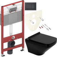 Комплект Унитаз подвесной BelBagno Sela BB3201CHR-MB матовый черный + Крышка BB3201SC-MB матовая черная + Инсталляция TECE Now 9400414 4 в 1 с кнопкой смыва