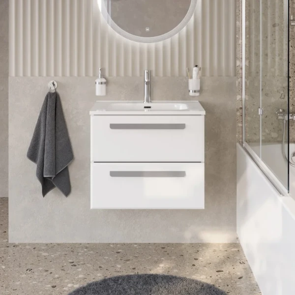 Тумба с раковиной Cezares Eco Cer-N 60 bianco lucido, раковина Duet 60, ручки серые