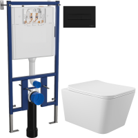 Комплект Унитаз подвесной Aqueduto Macio MAC0120 безободковый, с микролифтом, белый матовый + Инсталляция DIWO + Кнопка 7323 черная матовая