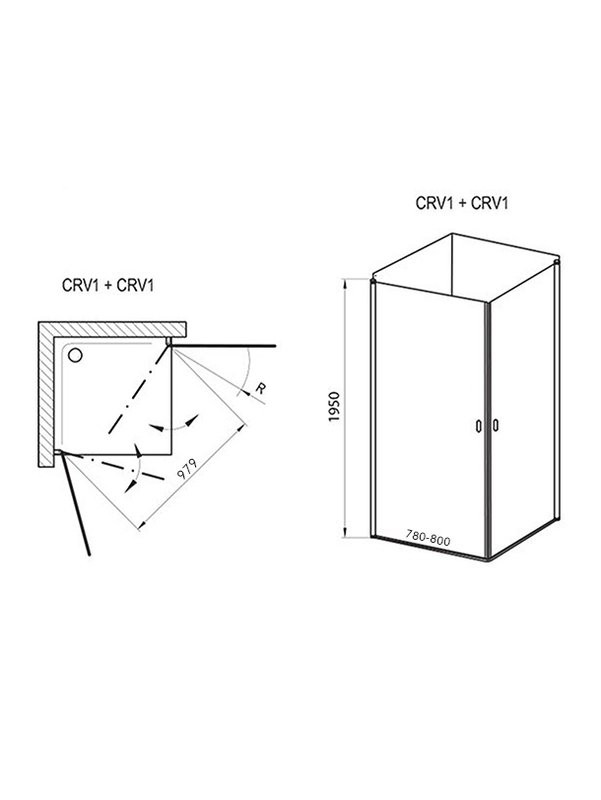 Душевой уголок Ravak Chrome CRV1-80+CRV1-80 профиль блестящий, стекло прозрачное Transparent