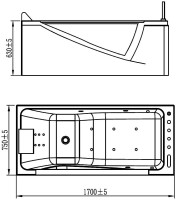 Акриловая ванна Orans 65108R0 R 170x75 см, правая, пристенная, с гидромассажем, белая, с каркасом, с экранами, со смесителем, со сливом-переливом, с подсветкой, с подголовником, с поручнем
