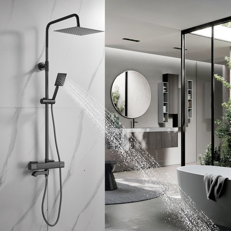 Душевая стойка Shevanik S3096T с термостатом, оружейная сталь