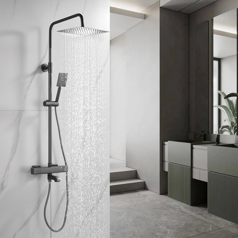 Душевая стойка Shevanik S3096T с термостатом, оружейная сталь