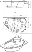 Акриловая ванна Cersanit Kaliope R 170x110 см, правая, пристенная, белая, асимметричная, на ножках, с сиденьем