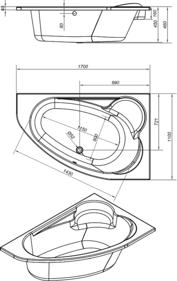 Акриловая ванна Cersanit Kaliope R 170x110 см, правая, пристенная, белая, асимметричная, на ножках, с сиденьем