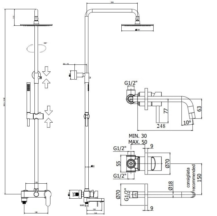 Комплект для ванной Paffoni Light KITCOL632NO007 С ВНУТРЕННЕЙ ЧАСТЬЮ, черный матовый