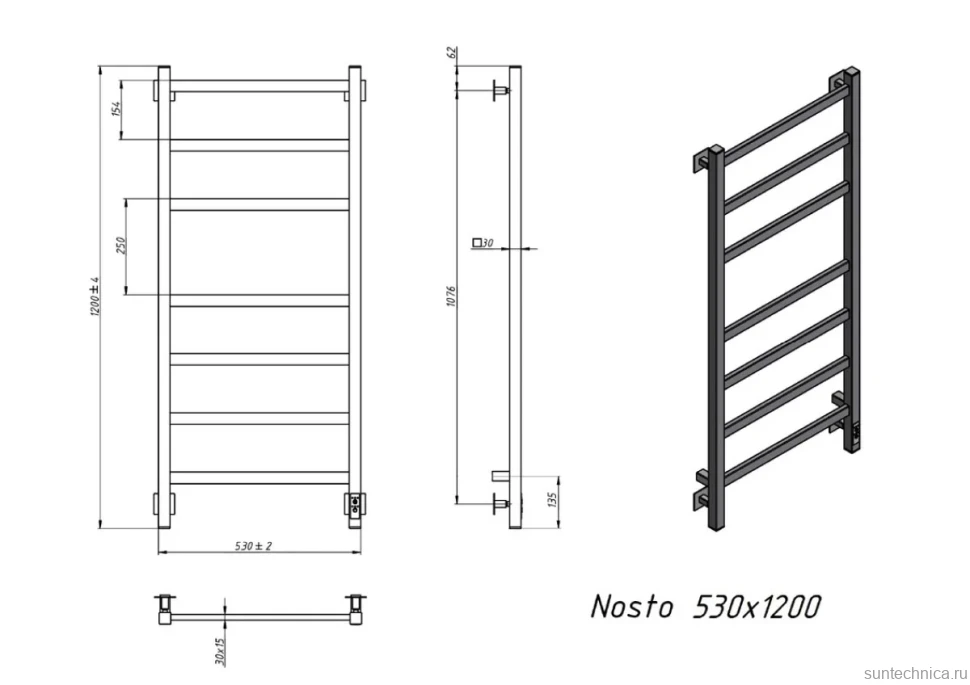 Полотенцесушитель электрический Grota Nosto 530х1200 RAL9005 EL 120x55 см, подключение справа, слева, скрытое подключение справа, матовый черный, лесенка, из стали