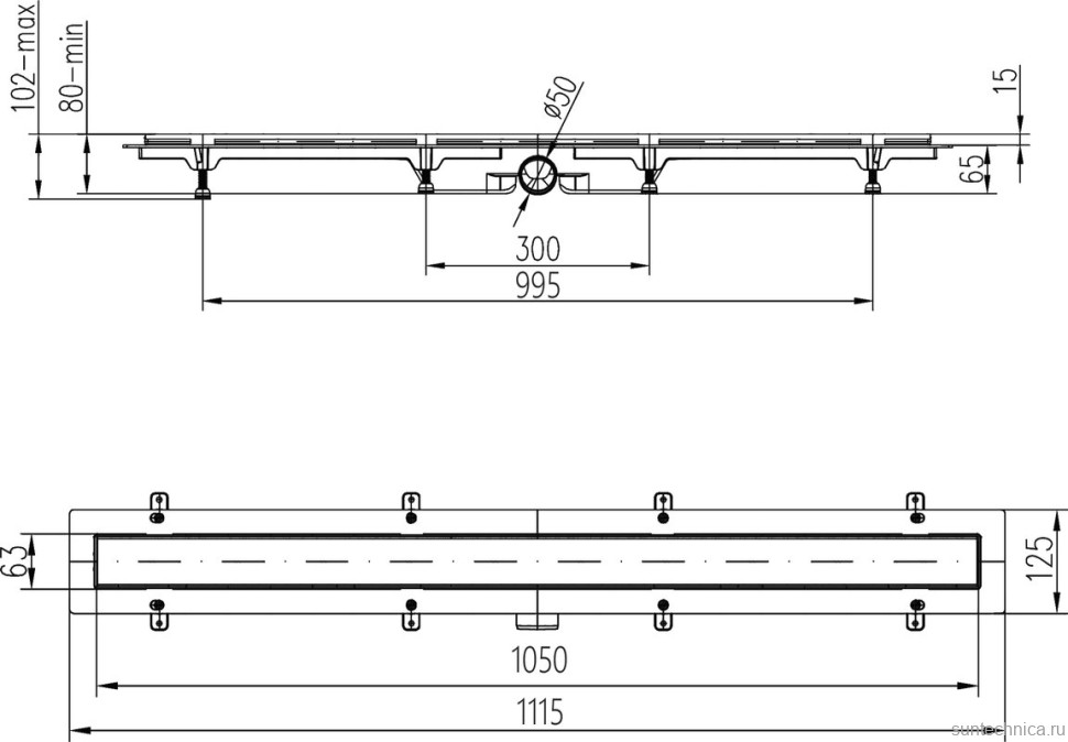 Душевой трап (лоток) MCH Chudej Basik CH1050/50B 105 см, решетка хром, с сифоном