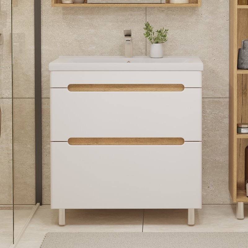 Тумба с раковиной SanStar Diva 70 напольная, матовая белая, дуб вотан, раковина Миранда 70