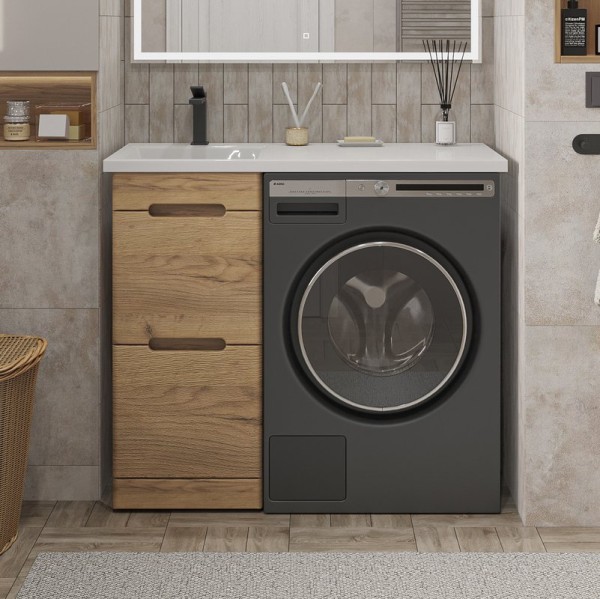 Тумба с раковиной SanStar Толедо 100 L напольная, под стиральную машину, gold craft, дуб вотан, раковина Даллас 100