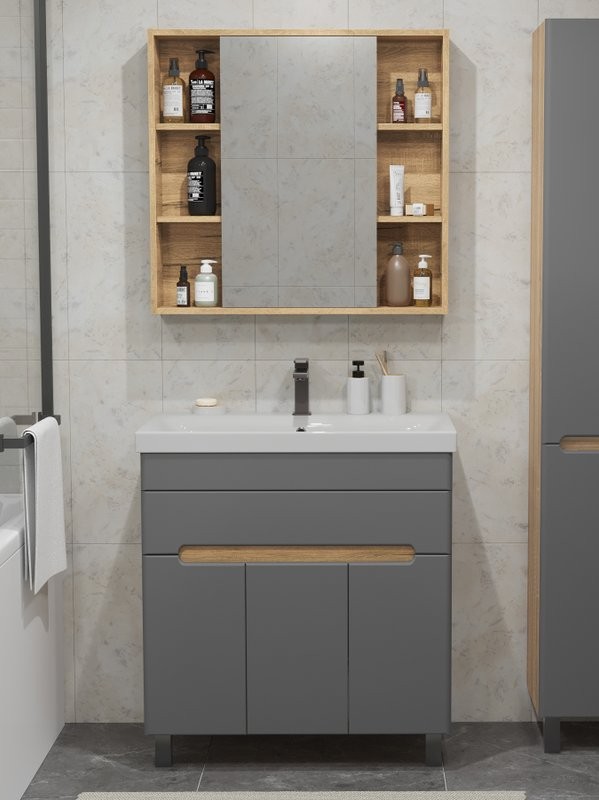 Мебель для ванной комнаты SanStar Модена 80 напольная, графит софт, дуб вотан, раковина Moduo 80