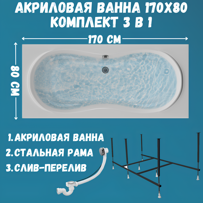 Акриловая ванна 1MarKa Dinamika Стандарт 2 170x80 см, встраиваемая, белая, с каркасом, для двоих, со сливом-переливом