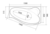 Акриловая ванна 1MarKa Gracia R Стандарт 2 150x90 см, угловая, правая, встраиваемая, белая, асимметричная, с каркасом, с сиденьем, со сливом-переливом