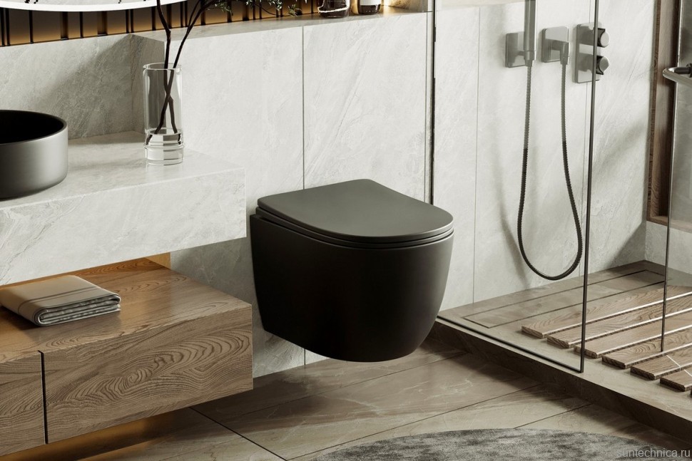 Унитаз подвесной Abber Bequem AC1100TMB безободковый, с микролифтом, матовый черный