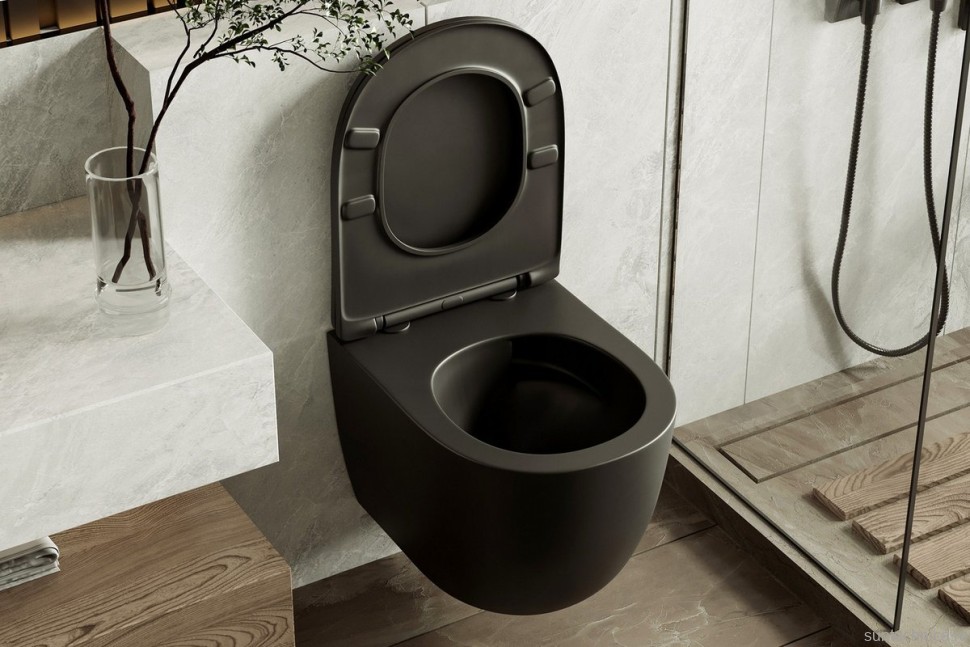 Унитаз подвесной Abber Bequem AC1100TMB безободковый, с микролифтом, матовый черный