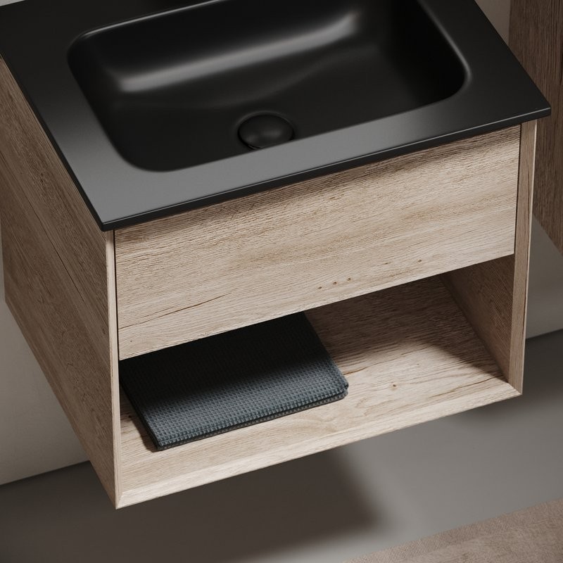 Тумба с раковиной Sancos Marmi 1.0 60 черная раковина, дуб галифакс натуральный