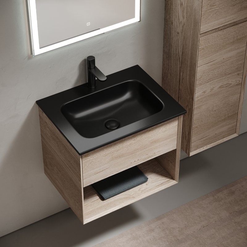 Тумба с раковиной Sancos Marmi 1.0 60 черная раковина, дуб галифакс натуральный