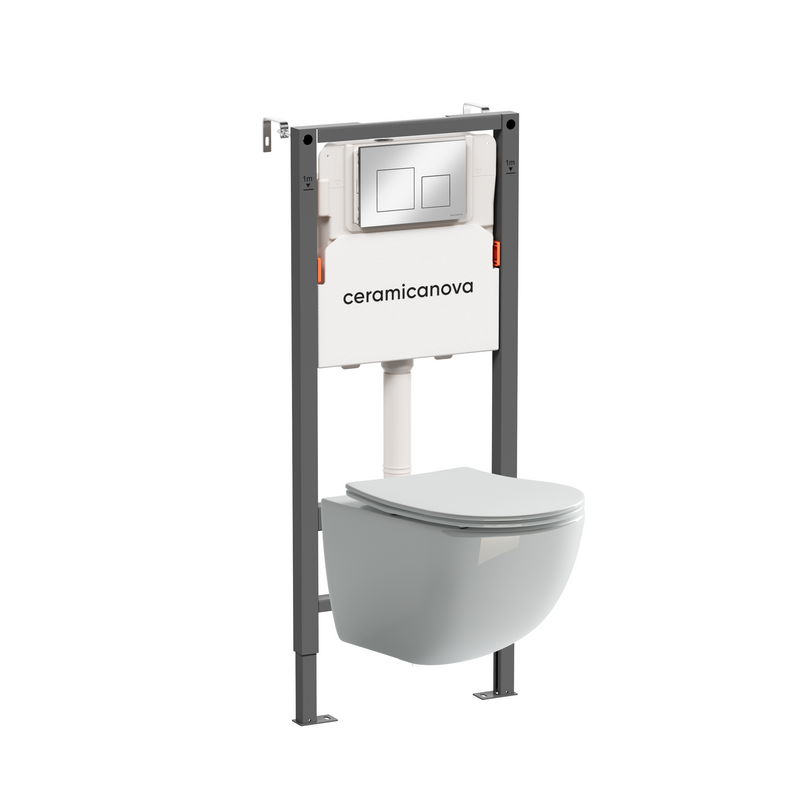 Комплект Ceramicanova Унитаз подвесной Forma CN3009 безободковый, с микролифтом + Инсталляция Balance CN121002CH с кнопкой Square глянцевый хром