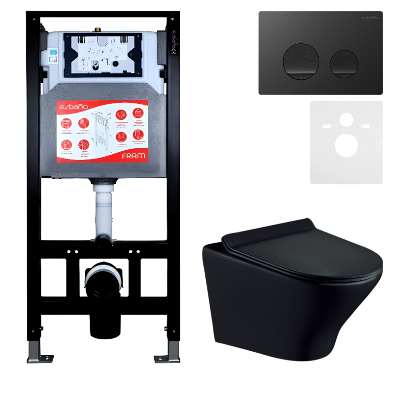 Комплект Унитаз подвесной Esbano Aster ESUPASTEBM матовый черный + Инсталляция Fram + Кнопка ESINSLM37MB