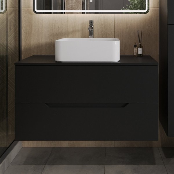 Тумба с раковиной Orange Line 100 подвесная, 2 ящика, матовая черная с раковиной B02-460W