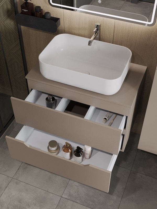 Мебель для ванной комнаты Orange Line 80 подвесная, 2 ящика, матовый латте с раковиной B03-600W