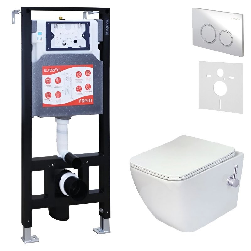 Комплект 3 в 1 Унитаз подвесной Esbano ESWBLEONWN + Инсталляция Fram + Кнопка ESINKRG11SC цвет глянцевый хром