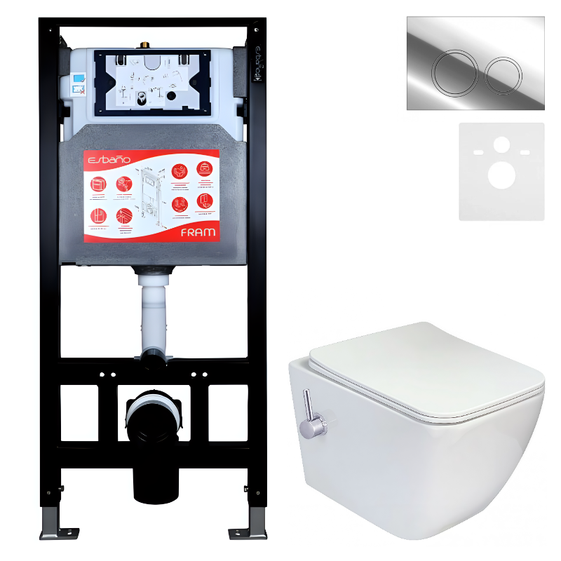Комплект 3 в 1 Унитаз подвесной Esbano ESWBLEONWN + Инсталляция Fram + Кнопка ESINKRG11SC цвет глянцевый хром